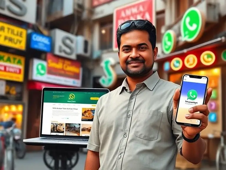 Small business owner in Sri Lanka standing in front of a professional website on laptop and mobile, representing digital transformation and online growth in 2025.
