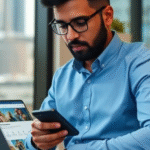 Sri Lankan business owner viewing mobile friendly website on smartphone and laptop in Colombo office