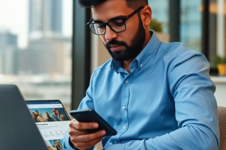 Sri Lankan business owner viewing mobile friendly website on smartphone and laptop in Colombo office
