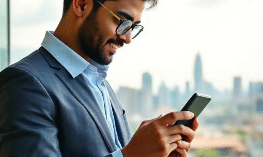Sri Lankan business owner viewing a mobile-friendly website on smartphone in Colombo